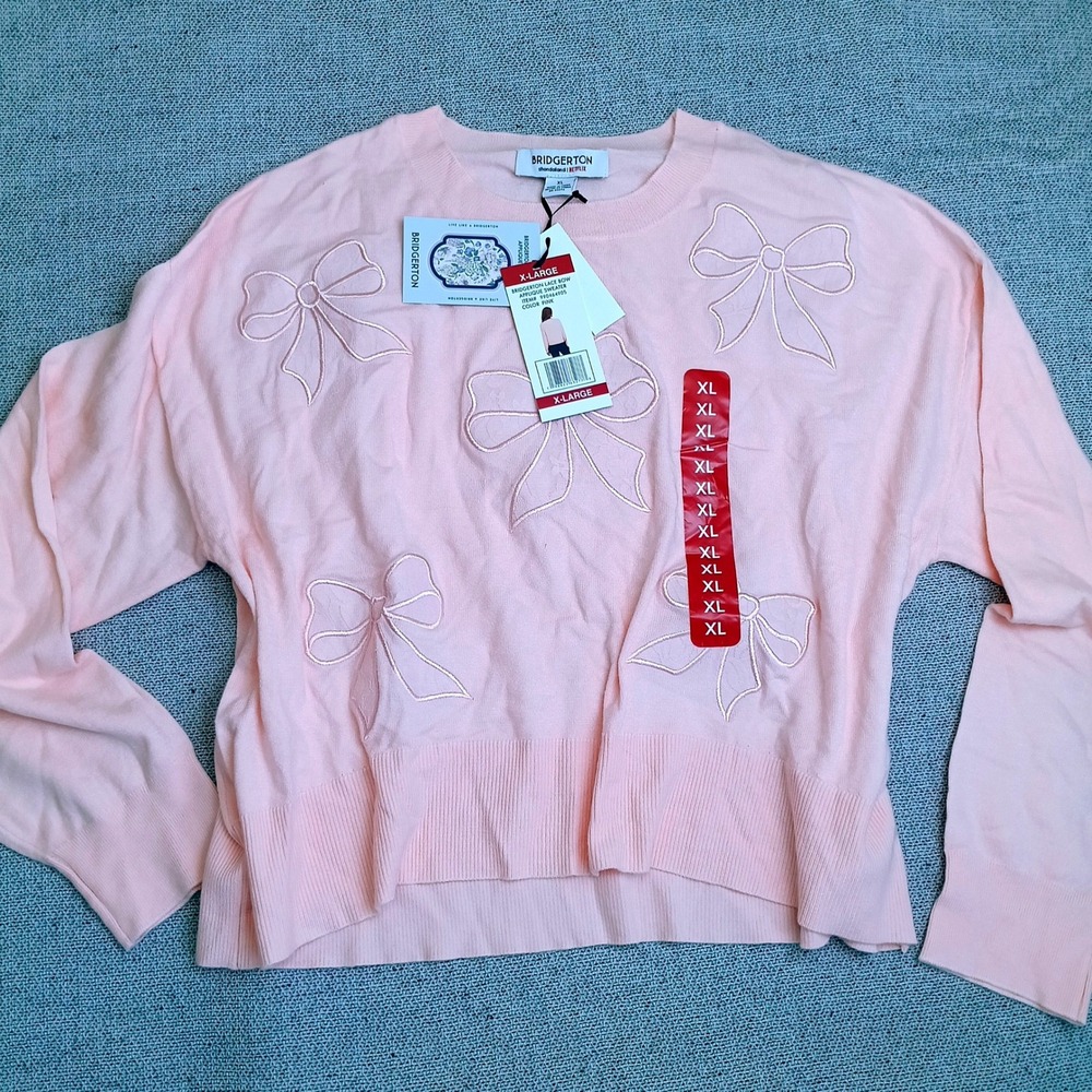 Bridgerton Lace Bow Applique Sweater Womens XL Pink New NWT Netflix Regencycore